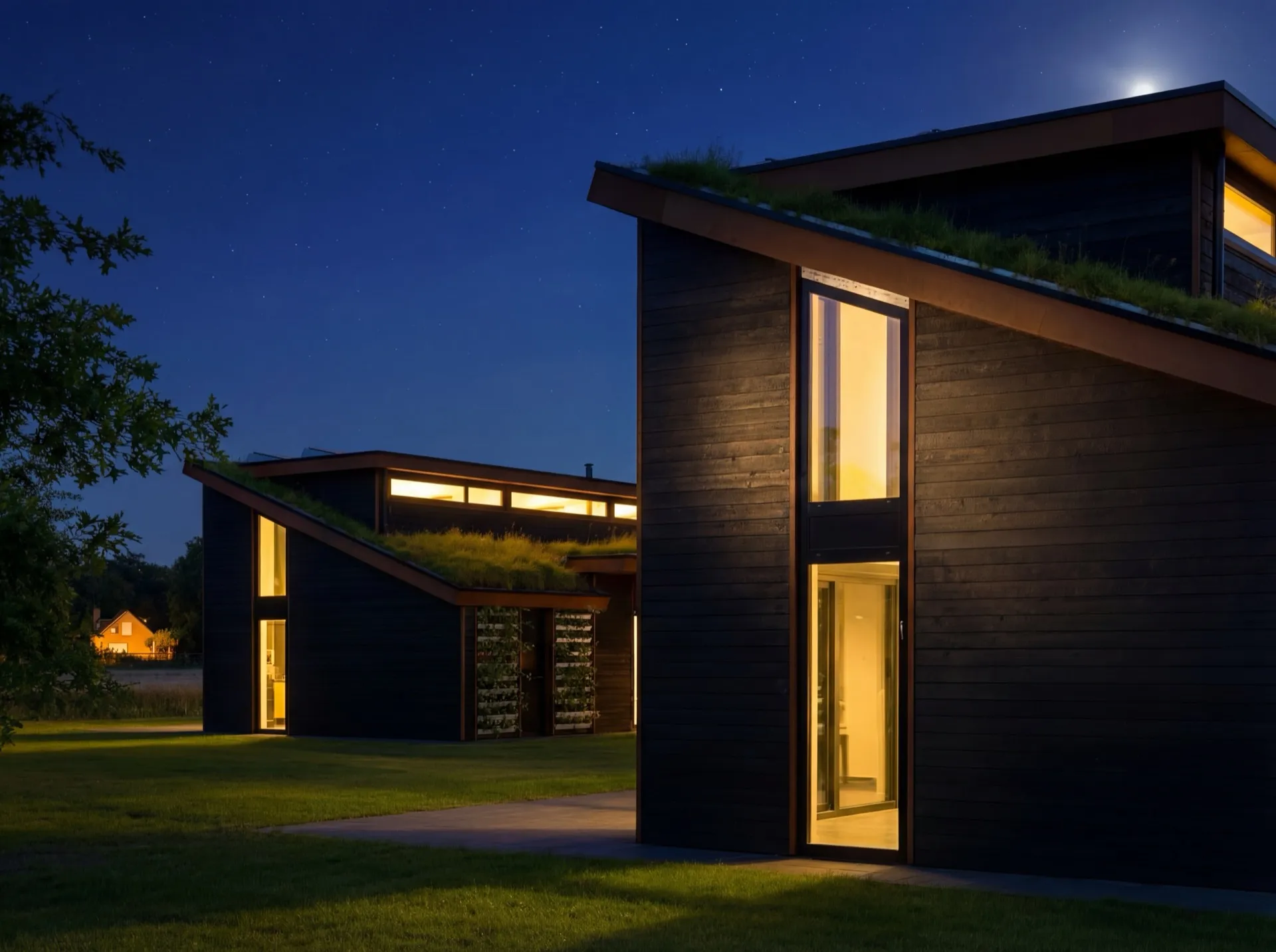OplooPark forest house exterior at night with ambient landscape lighting