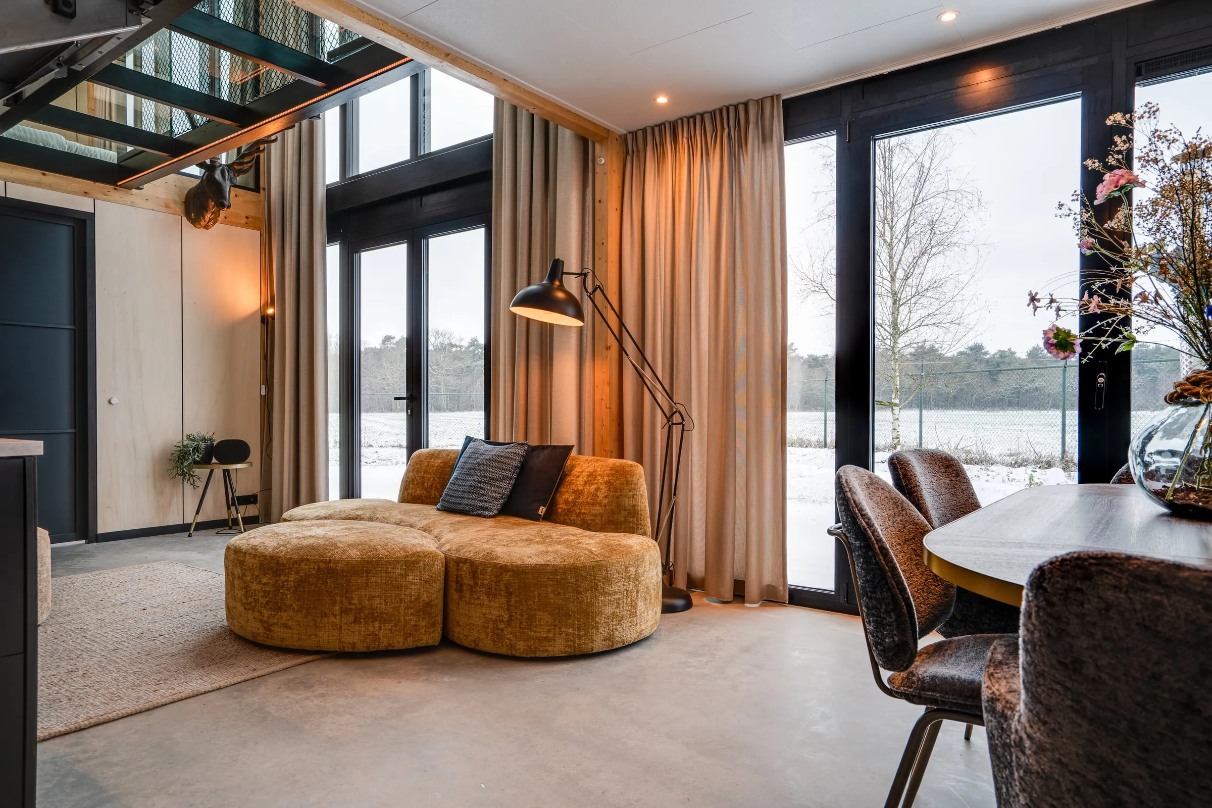 Bright living space with forest views